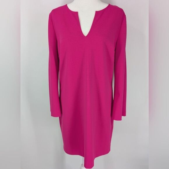 trina Trina Turk Hot Barbie Pink Long Statement Sleeve Split Neck Shift Dress 10 - Picture 1 of 5